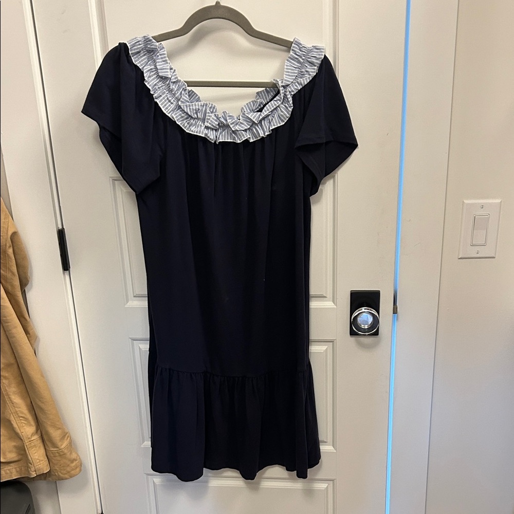 Kate Spade navy blue off the shoulder dress/cover up with ruffle accent